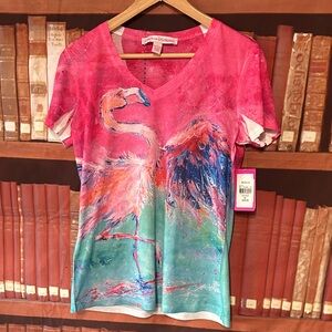Leoma Lovegrove Flamingo Art Top XL Pink V-Neck Tropical NWT